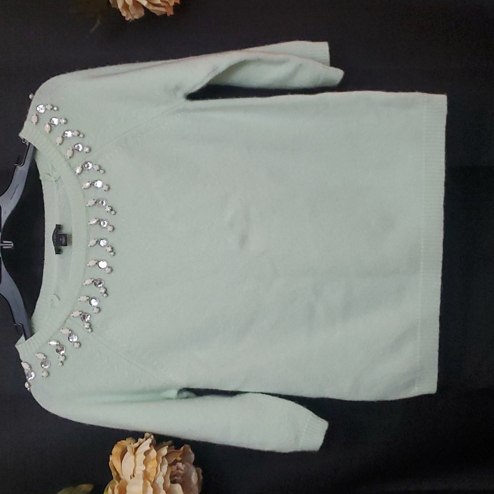 Ann Taylor SZ S Merino Wool Gem Embellished Mint Green Pullover sweater